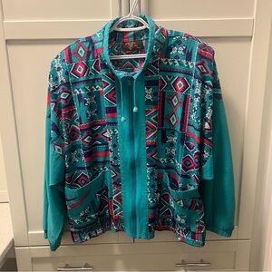 Vintage Geometric Windbreaker Spring Jacket Coat with Removable Shoulder Pads XL